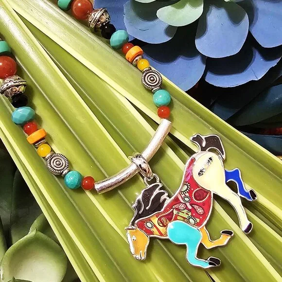 Artisan Hand Crafted Necklace Painted Horses Brown Suede Cord Colorful Beaded - Picture 3 of 12